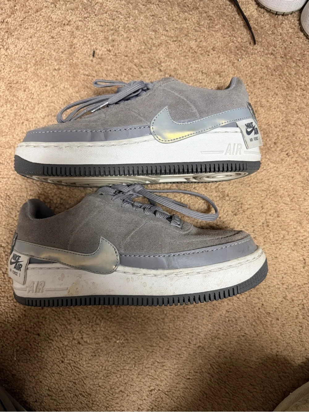 Nike Women's Grey Suede Sneakers with Iridescent Swoosh
